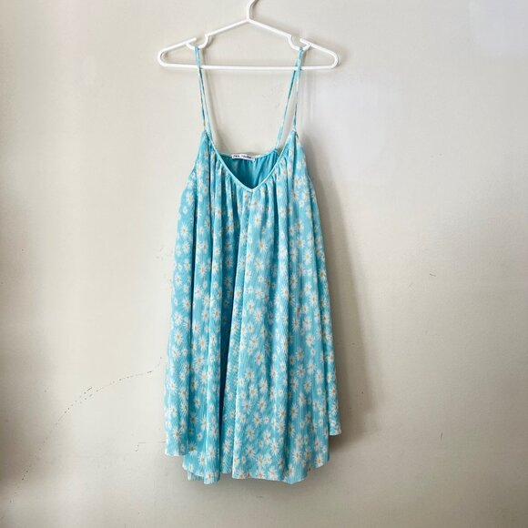 NEW ZARA Pleated Baby Floral Blue Camisole Style Mini Dress, Size L - Picture 13 of 16